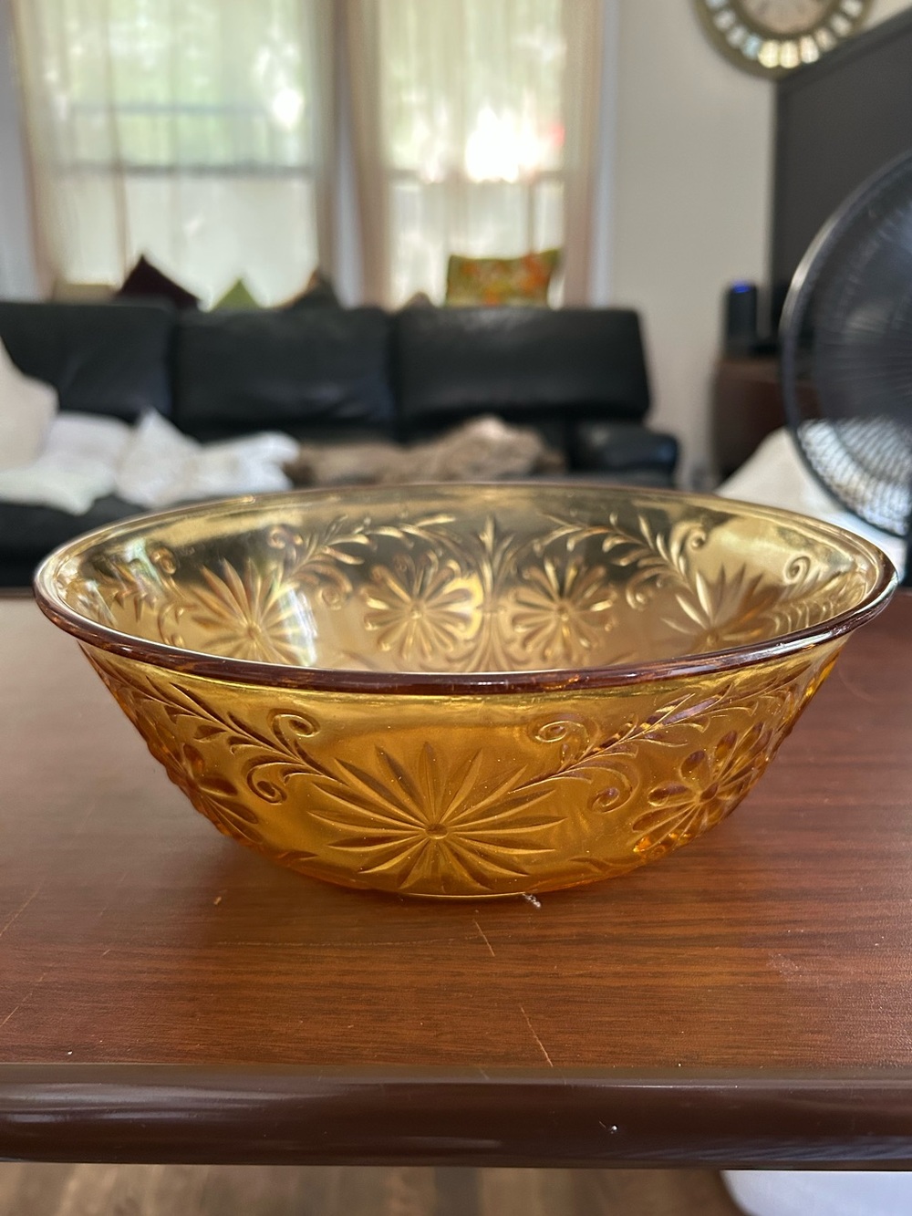 Vintage Indiana glass Amber sandwich Pressed Glass 9 1/2 inch Serving Bowl.